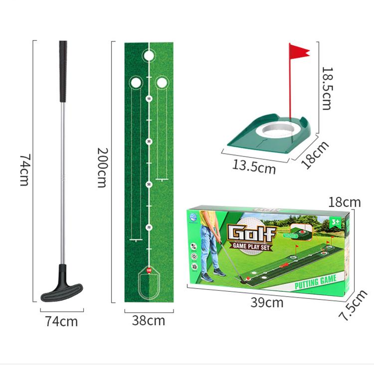 Kids golf putting practice mat with dimensions shown for mat, putter, and accessories