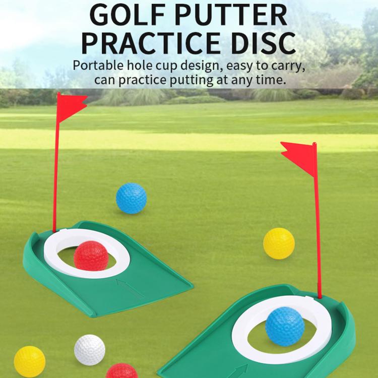 Portable golf putter disc with two cup targets and practice balls on a mat