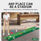 Golf putting practice mat indoors with putter, flags, and small balls on a floor surface