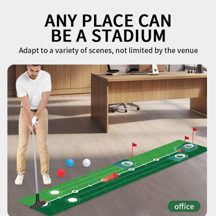Golf putting practice mat indoors with putter, flags, and small balls on a floor surface