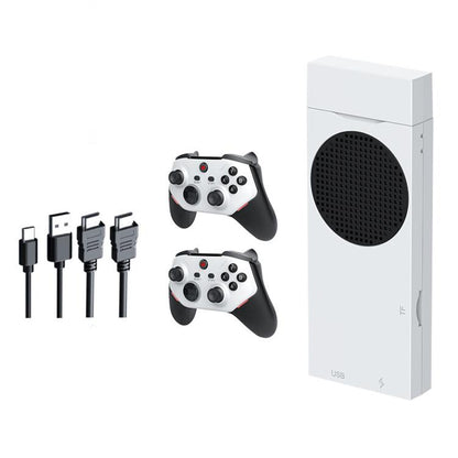 White game console stand with two black-and-white controllers and charging cables