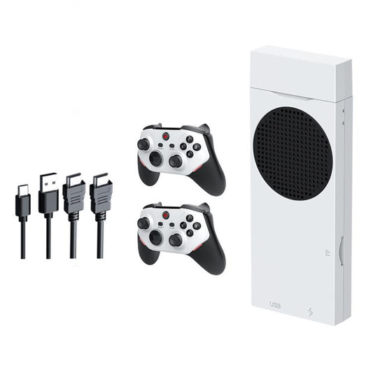 White game console stand with two black-and-white controllers and charging cables