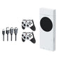 White game console stand with two controllers and included charging cables