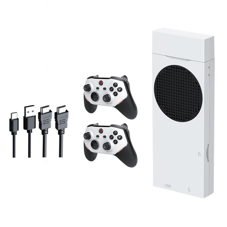 White game console stand with two controllers and included charging cables