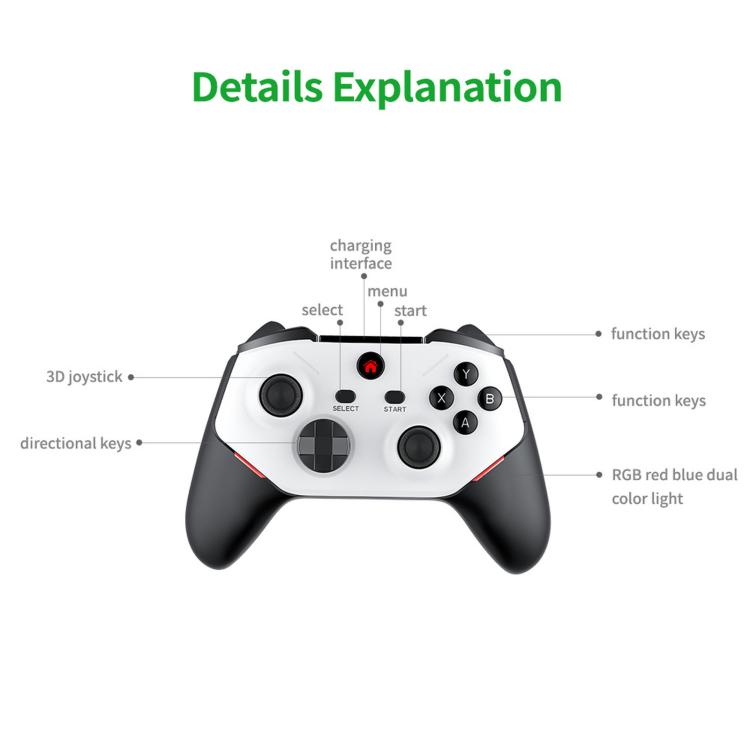 Black-and-white game controller front with buttons and dual thumbsticks