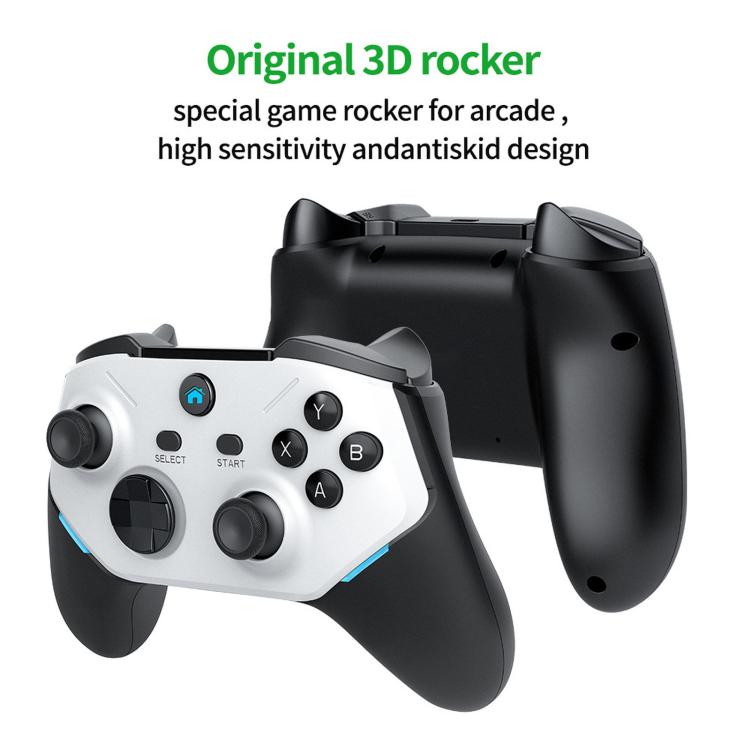 Black-and-white game controller with adjustable rocker-style grips