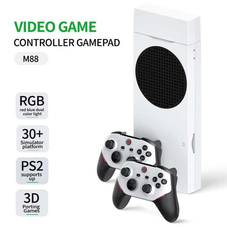 White game console stand with circular speaker grille and two wireless controllers