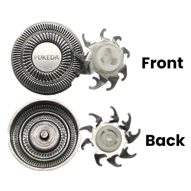 PUKEDA triple shaver head with front and back cutter components, side-by-side view