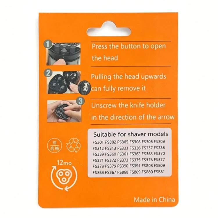 PUKEDA shaver head set packaging showing press, pull, and unscrew installation steps