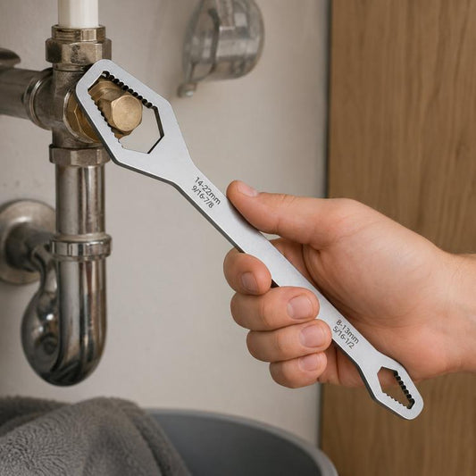 Universal double-ended Torx wrench with serrated self-tightening adjustable jaws