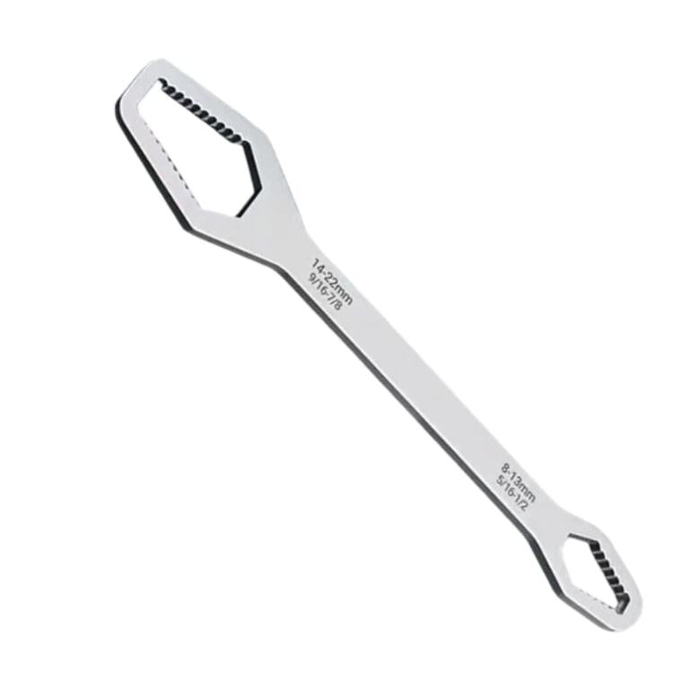 Adjustable double-ended wrench with serrated jaw ends, 8–24 mm range