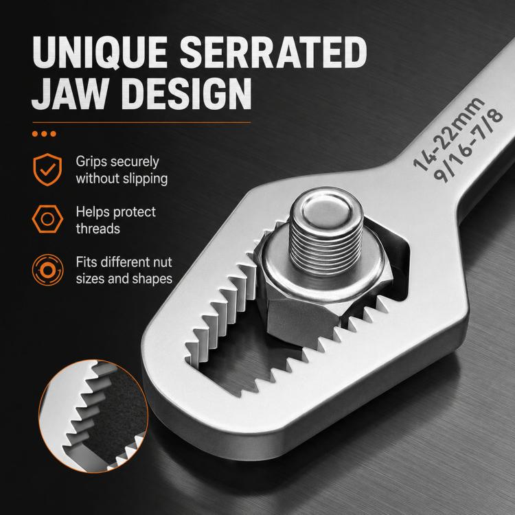 Serrated self-tightening jaw of an adjustable double-ended wrench