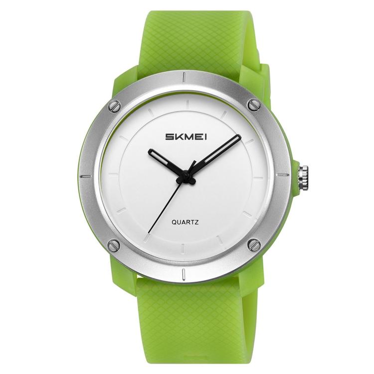 SKMEI unisex quartz watch with silver case, white dial, and bright green strap