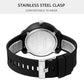 Quartz wristwatch with black textured strap and stainless steel clasp, white dial