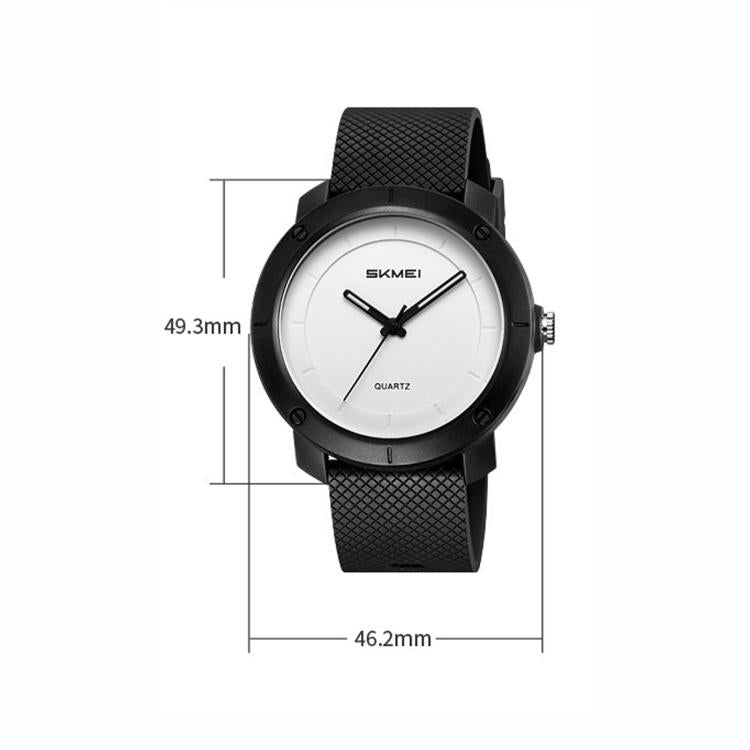 Quartz wristwatch with black silicone strap, white dial, round black bezel case