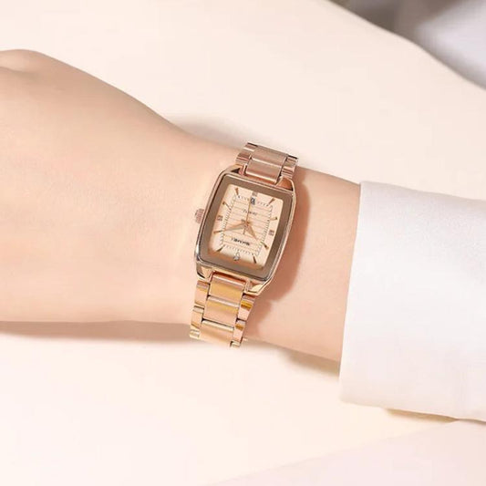 SKMEI women’s square business watch with rose-gold tone bracelet and cream dial
