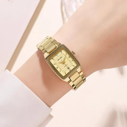 SKMEI women’s square business watch with gold-tone metal bracelet and pale dial