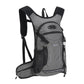 Gray cycling backpack with front zip pocket, side straps, and cushioned mesh back.