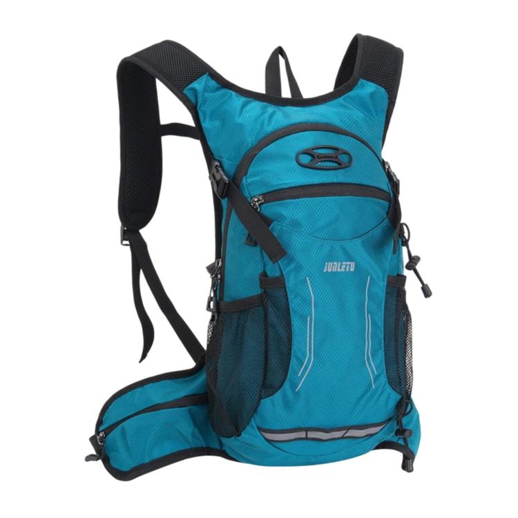 Lake blue cycling backpack with front zip pocket, side pouches, and breathable mesh back.
