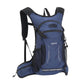 Dark blue cycling backpack with front zip pocket, side straps, and padded mesh back.