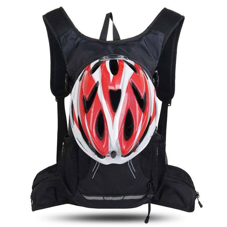 Black cycling backpack with large front opening and red-and-white bike helmet included.