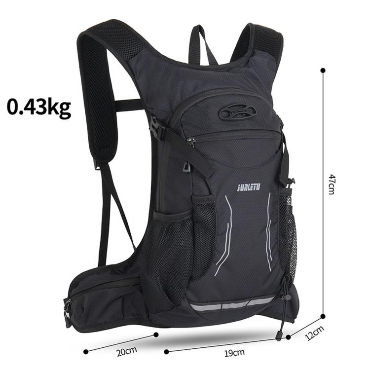 Black cycling backpack with front zip pocket, side straps, and 0.43 kg weight marking.