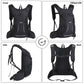 Cycling backpack angled views: front, side, and back with adjustable shoulder straps.