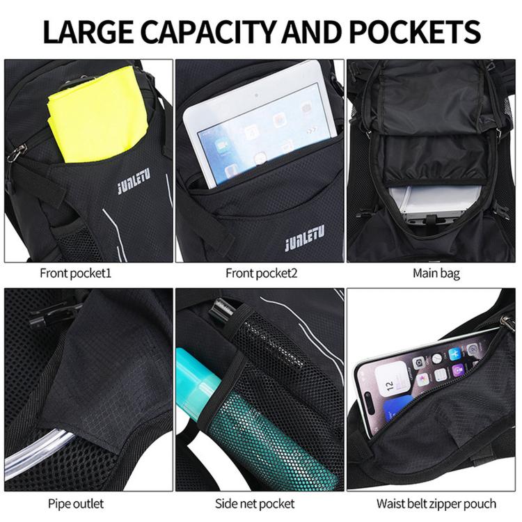 Waterproof cycling backpack features front phone pocket, mesh side pocket, and waist zipper pouch