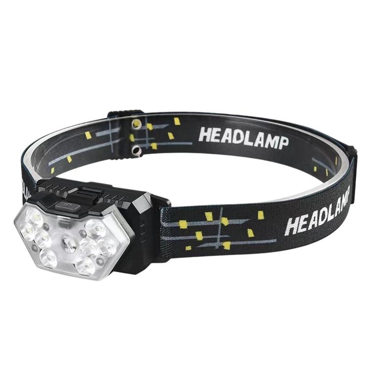 Black LED headlamp on elastic strap with front COB light cluster visible