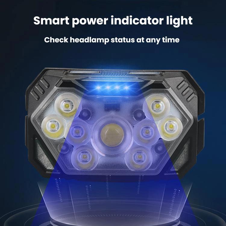 Black headlamp with multiple LED lenses and a bright blue status glow