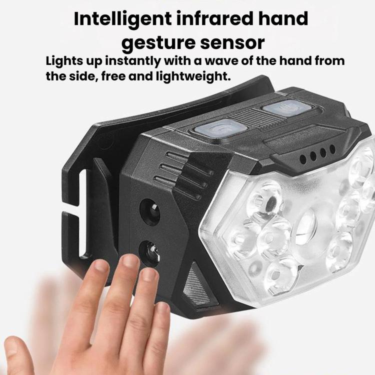 Black COB headlamp with hand near side sensor and front LED light