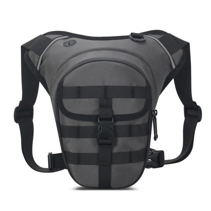 Gray waterproof leg strap waist bag with MOLLE-style front panel and zip pocket