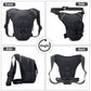 Black waterproof leg strap waist bag shown from front, side, back, and angled views