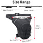 Black waterproof leg strap waist bag size guide with strap and main bag dimensions