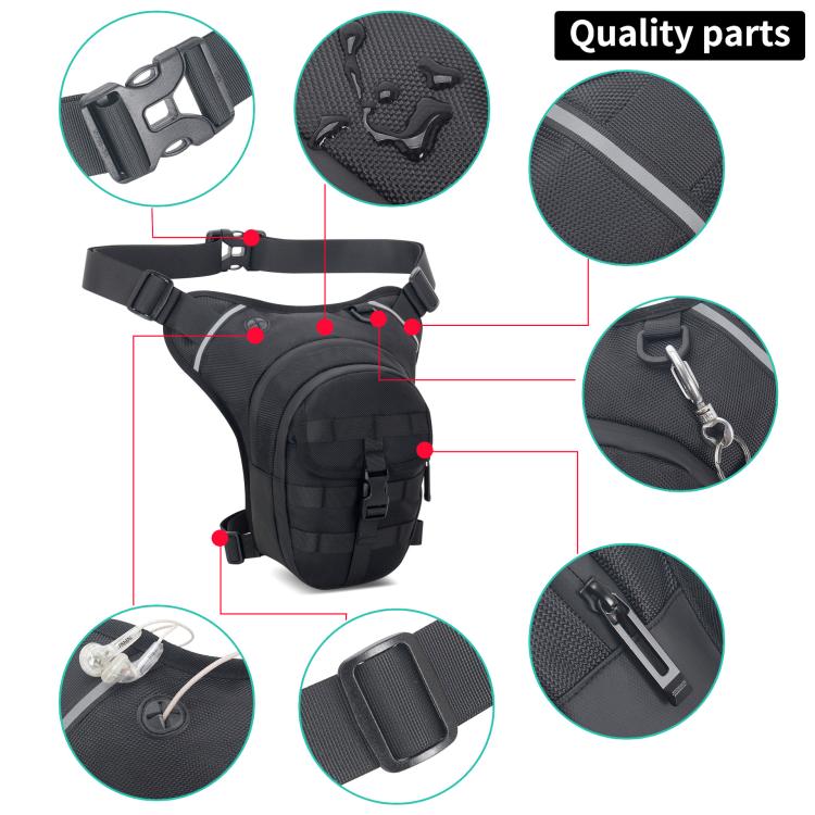 Black waterproof leg strap waist bag close-up details with buckles and textured fabric