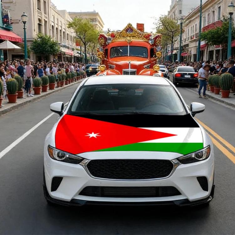 Jordan flag car cover on sedan front, red-and-white with central star over grille