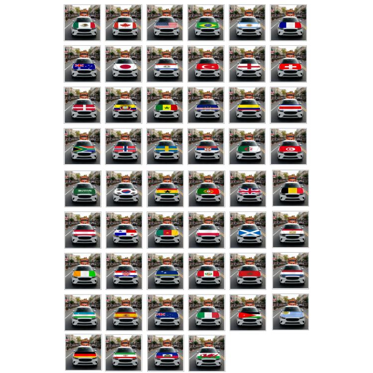 Flag-themed car cover collage showing many country designs on car fronts