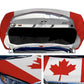 Car cover with Canada flag detail, red trim and white maple leaf under open hood