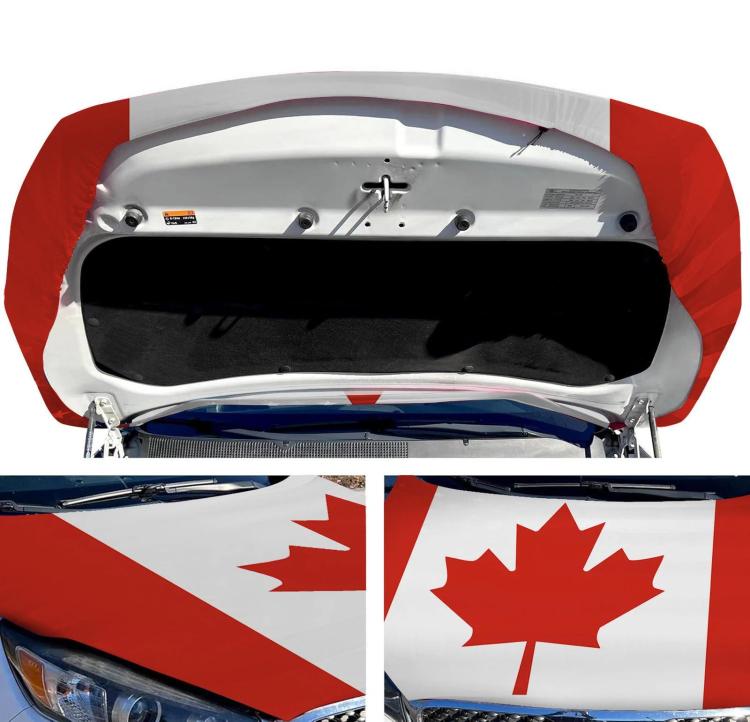 Car cover with Canada flag detail, red trim and white maple leaf under open hood