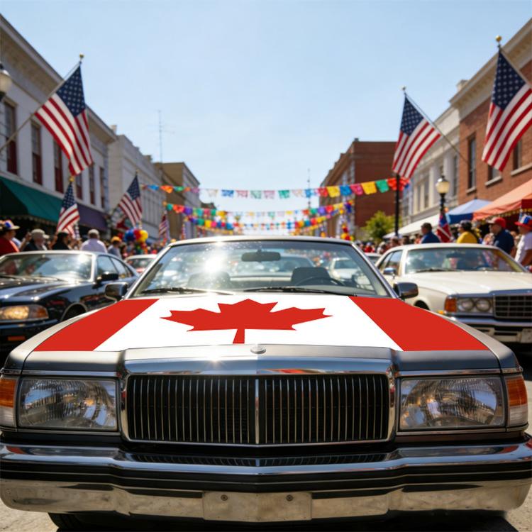 Canada flag car cover on vehicle front, maple leaf stripe across grille