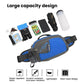 Blue waterproof waist pack with multiple compartments and bottle holder strap