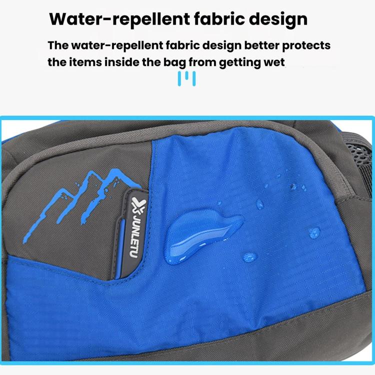 Waterproof hiking waist pack in blue with gray trim and logo detail