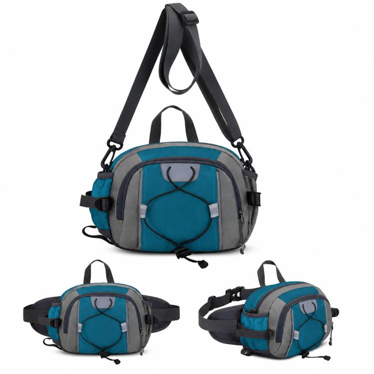 Blue and gray waterproof waist pack with adjustable strap and zip front pouch