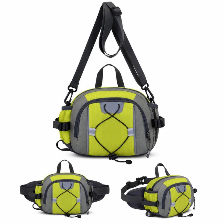 Neon green and gray waterproof waist pack with adjustable strap and zip front pouch