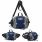 Dark blue and gray waterproof waist pack with adjustable strap and zip front pouch