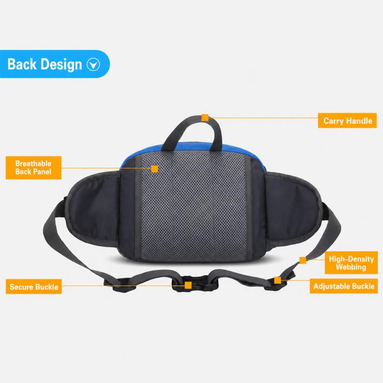 Blue and gray sports waist pack shown from back/side with adjustable belt buckle