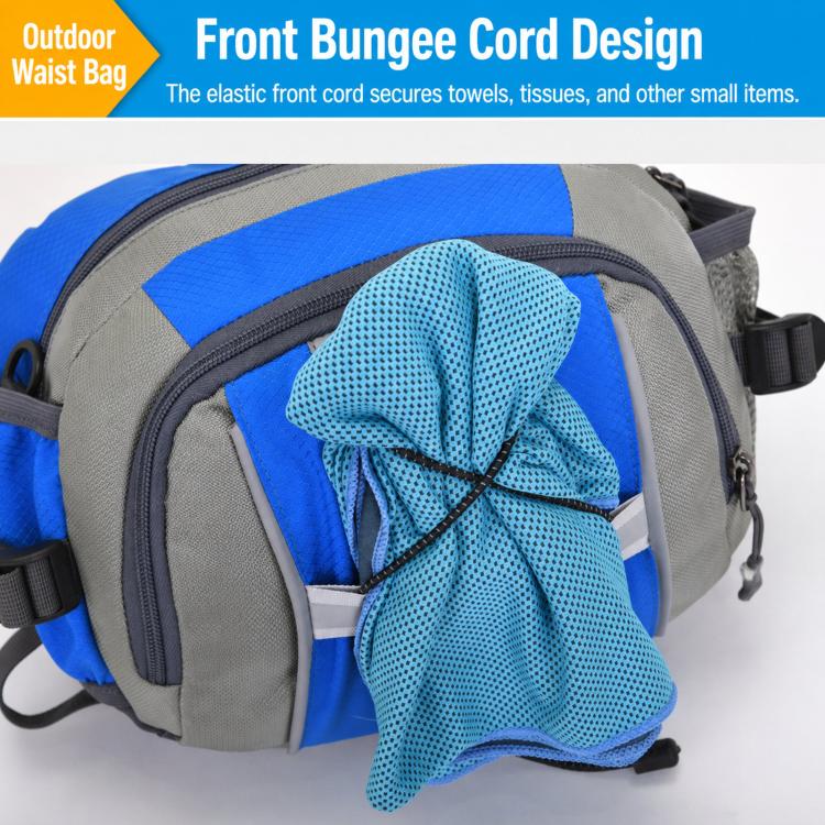 Blue and gray waist pack with elastic front cord for securing small items