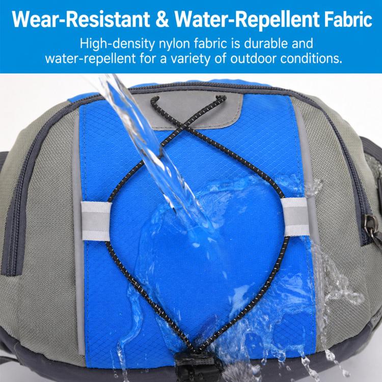 Blue and gray waist pack with waterproof fabric and zip front pocket, water-splash detail