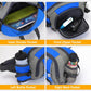 Blue and gray waist pack with multiple compartments and mesh side pockets for bottles