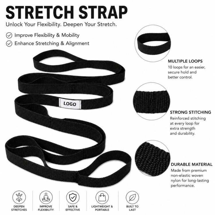 Black stretch strap with reinforced stitching and multiple loop positions